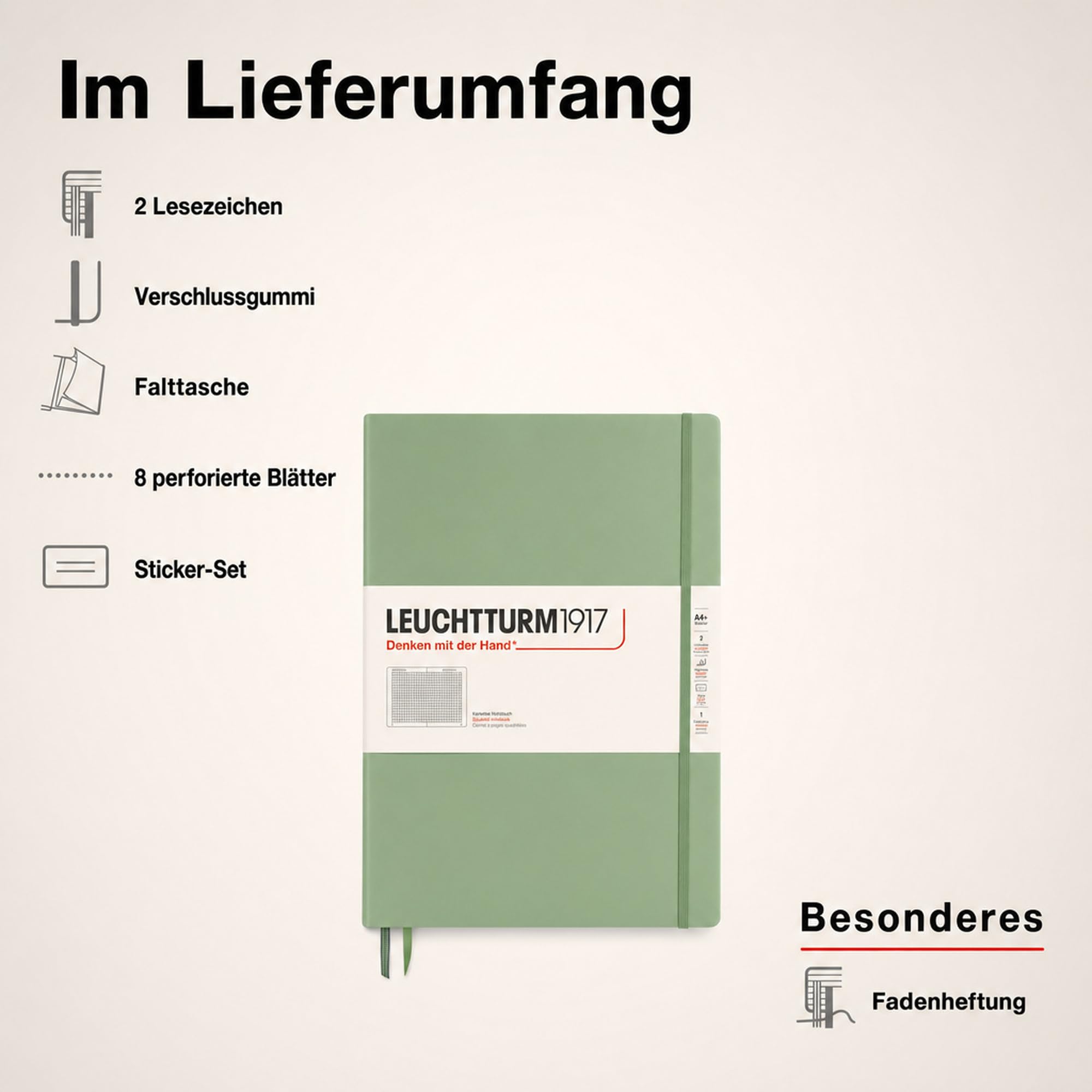 LEUCHTTURM1917 370262 Taccuini Master Classic A4+ Copertina rigida, 235 pagine numerate, Sage, Quadretti