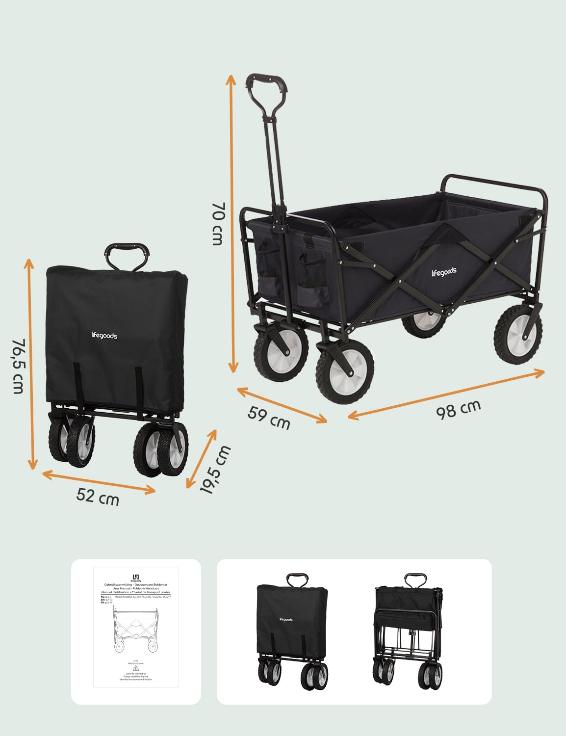 LifeGoods Bollerwagen Faltbar - Faltbarer Bollerwagen - Handwagen Klapbarr - Gartenwagen - Transportwagen - Strandwagen - Strand - Klappbarer – 360 Grad Drehbare Vollgummireifen 94L– 98x45cm - Schwarz