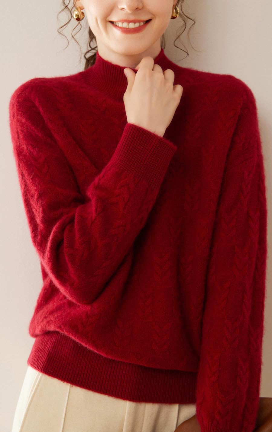 DISSA DF8098 - Maglione da donna in cashmere con colletto alto, a maniche lunghe, in lana di cashmere, motivo a treccia