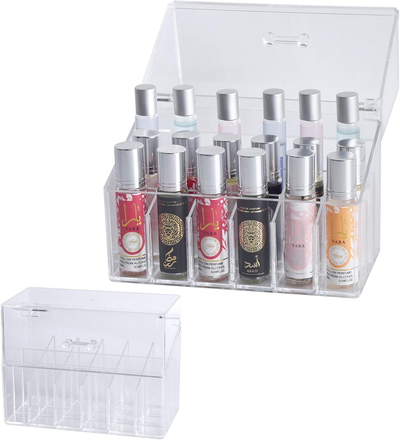 Rollerball Perfume Organizer, Beauty Scent Holder, 18 Space Clear Acrylic Perfume Organizer Refillable Container Tall Scented Oil Storage Display Case, Makeup Lipgloss Lipstick Display Case