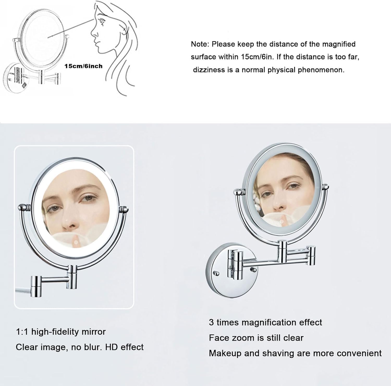 Genérico Espejo de Maquillaje Iluminado montado en la Pared Recargable con Aumento 10X, Brillo y Altura Ajustables, rotación de 360°, Espejo de Aumento con luz para Mujeres Carga USB