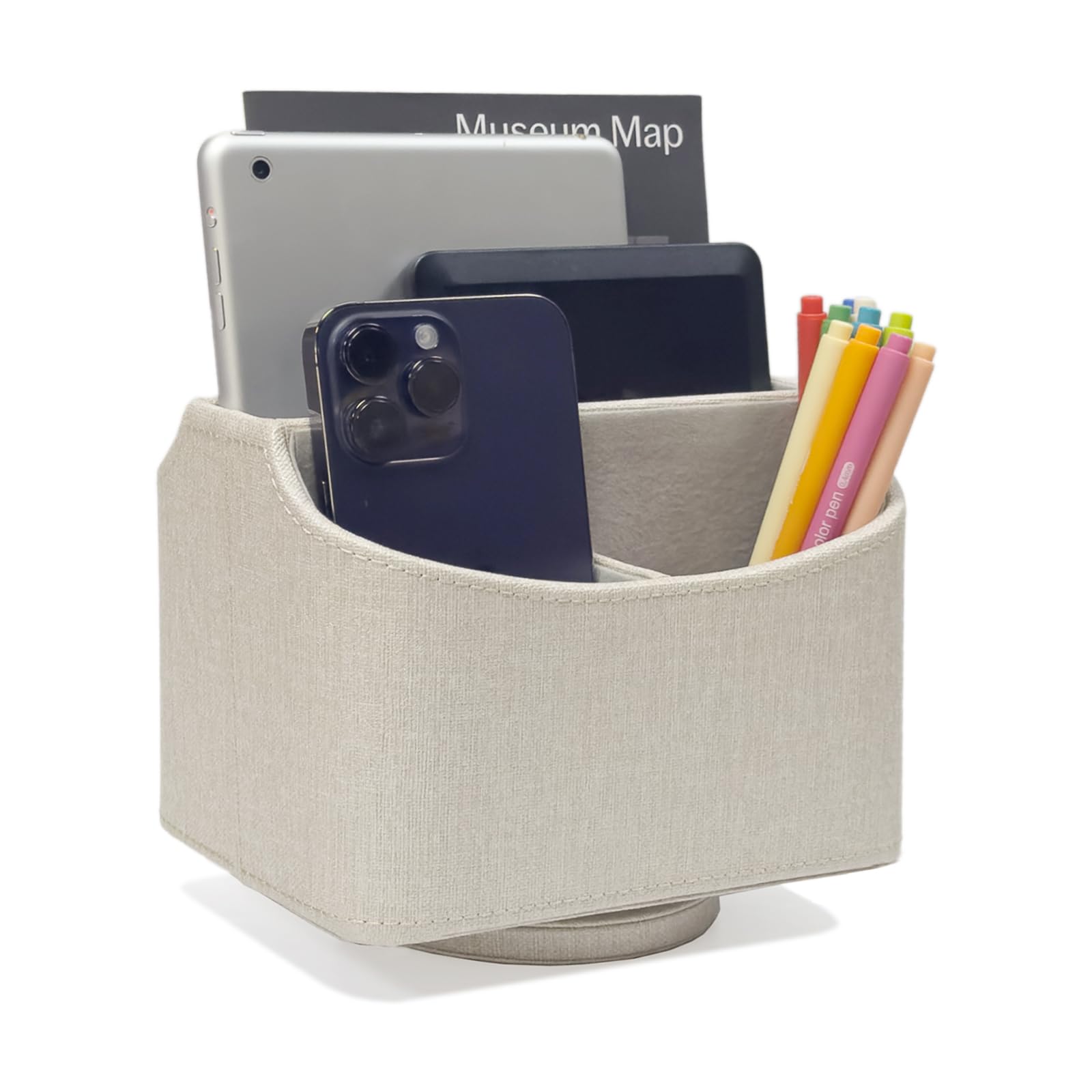 UnionBasic 360 Degrees Rotatable Remote Control/Controller Organizer, Spinning TV Guide/Mail/Media Desktop Organizer Caddy Holder, Linen Texture Leather Beige