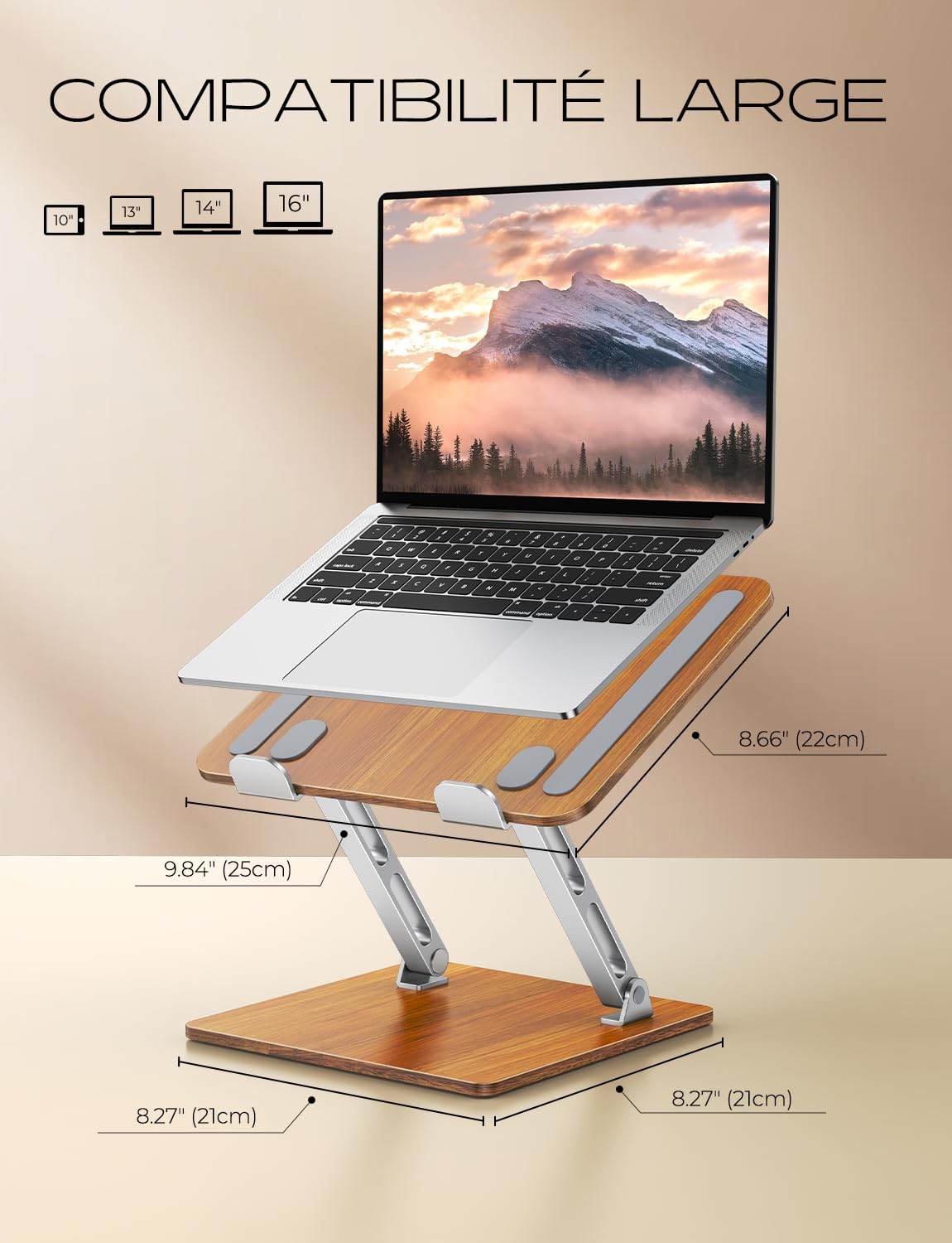 CIRYCASE Aluminium & Bois Support Ordinateur Portable à Double Barre | Laptop Stand Réglable, Rehausseur PC Portable Bureau Ergonomique Compatible avec MacBook, HP et Autres Laptops 10 à 16 Pouces
