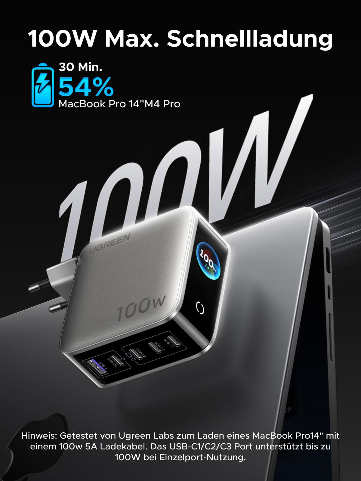 UGREEN Nexode Pro 100W USB C Ladegerät, GaN Netzteil 5-Port mit Smart Display & Touch Control, Laptop Charger PPS Schnellladegerät kompatibel mit MacBook Pro/Air/Neo, iPad, iPhone 17, Galaxy S26, S25