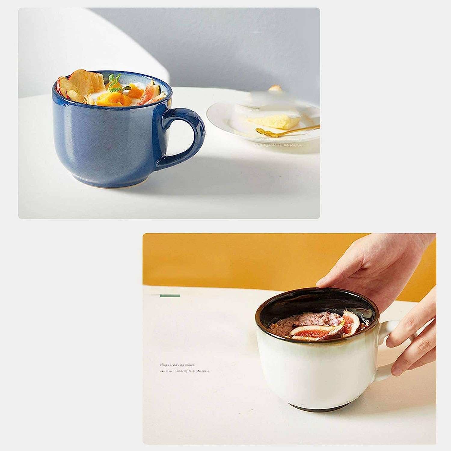 Regalos Taza de cerámica Cuencos de sopa de cerámica con mango Cuchara, Taza de café grande Leche Cereales Capuchino Taza de té Lavavajillas Microondas Apto Sopa Taza-azul-600ml/20.3oz (Color : White
