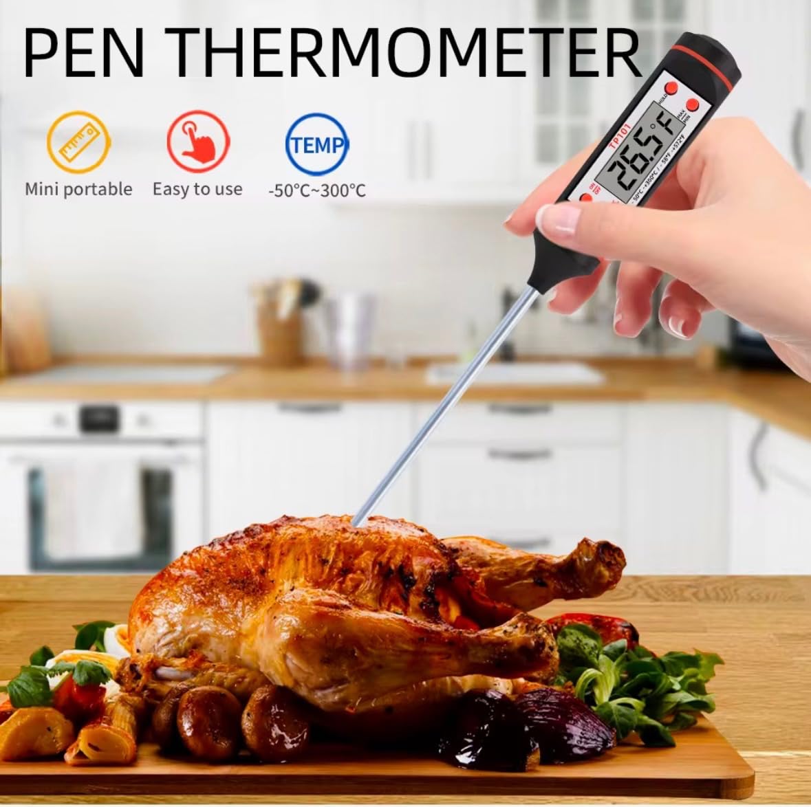 Termometro digitale per carne, lettura istantanea, per grigliare, cucinare, cibo, liquidi, sonda in acciaio inox nero