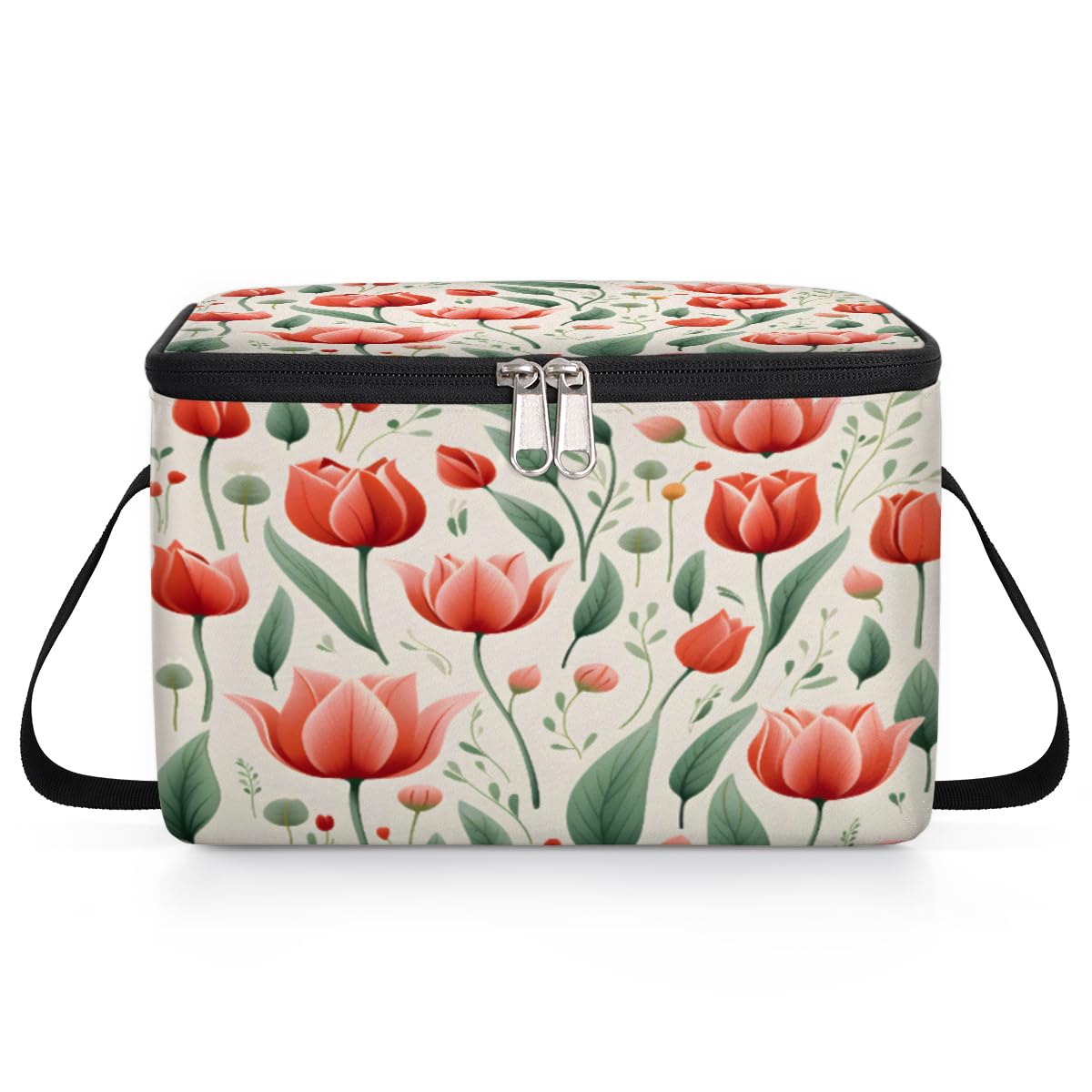 GzLeyigou Red Flowers Lunch Bags for Women Men 9 Cans, Hot & Cold Food Delivery Bag Insulated Grocery Bag Insulated Lunch Box Tulips Cooler Bag for Office Work Picnic Beach