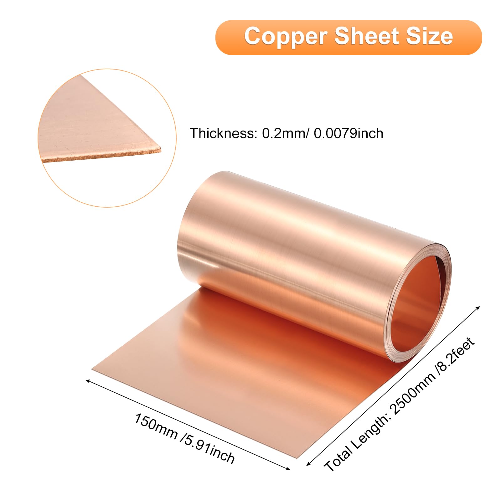 QUARKZMAN Feuille de Cuivre 0.2mm épaisseur en Rouleau 2.5 Mètre Long x 15cm Large Bande de Cuivre 99,9% en Feuille Métallique pour Projets Électriques de Bricolage