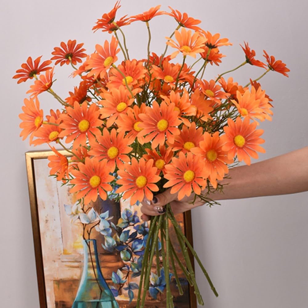 OUKEYI Artificial Flowers 12 Bundles Artificial Silk Daisy Fake Flowers UV Resistant Outdoor Fake Wildflowers with Stems Greenery Shrubs Plants Arrangements for Home Garden for Decoration (orange) - Image 2
