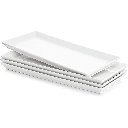 Sweese Rectangular Porcelain Platters, Serving Trays for Parties - 13.8 Inch, Set of 4, White