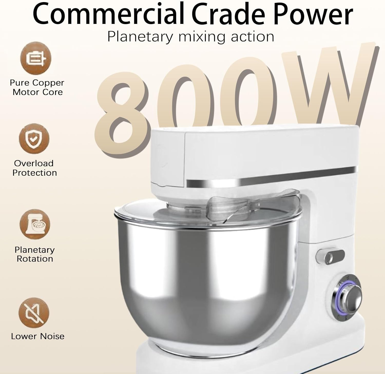 800W Stand Mixer 8 QT kitchen Dough Mixers 6+P Adjustable Speed Electric Household Mixers With Bowl,Dough Hook,Whisk And Beater For Baking,Pizza，Cake And Most Home Cooks