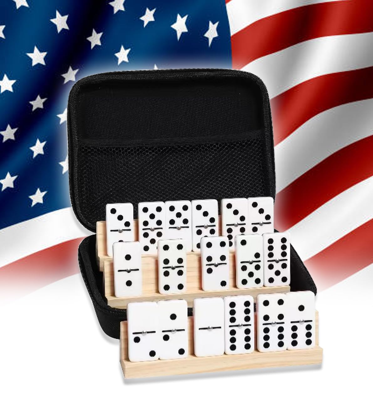 PRK 14 Juego de 6 dominó dobles para adultos, 28 azulejos duraderos con 4 estantes de sujeción de azulejos y funda de transporte con cremallera, juego de dominó clásico para todos, viajes, fiestas y