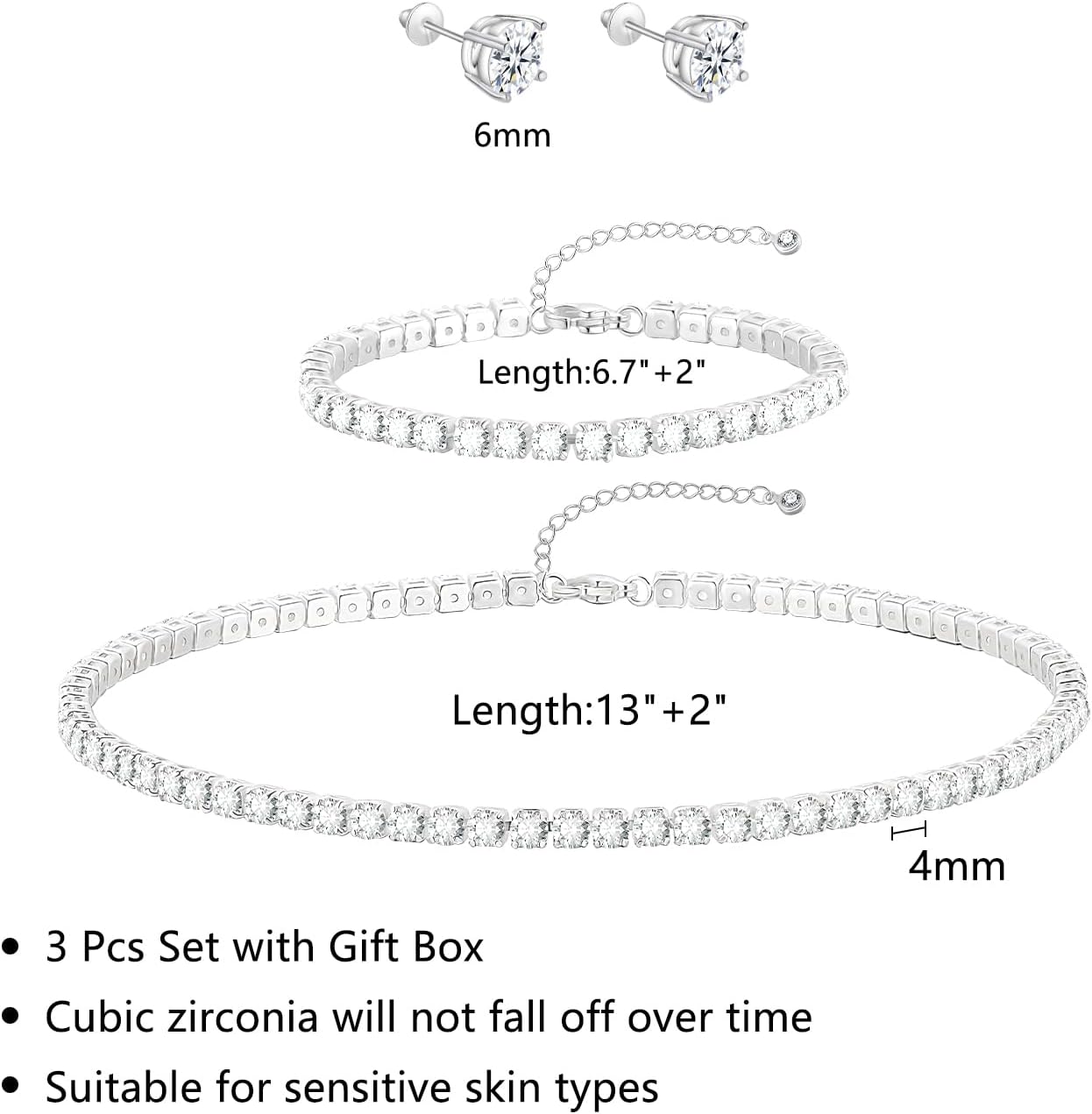 Silver Jewelry Set Tennis Necklaces for Women Silver Wedding Jewelry Sets for Brides Rhinestone Choker Necklace and Earring Set Bridal Prom Jewelry Set Accessories - Image 4