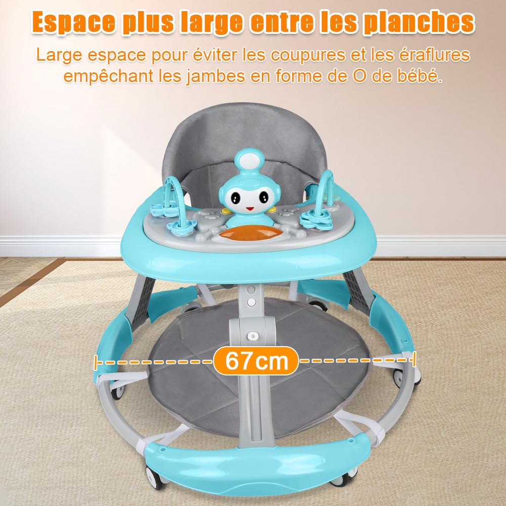 3 en 1 Trotteur pliable pour bébé,5 Hauteur réglable,Roues à 360°,Station de jeu musicale,Centre de jeu de 6 à 18 mois,Plateau Repas et Plateau d'activités Musical Amovible (Bleu-70 * 70 * 91cm)