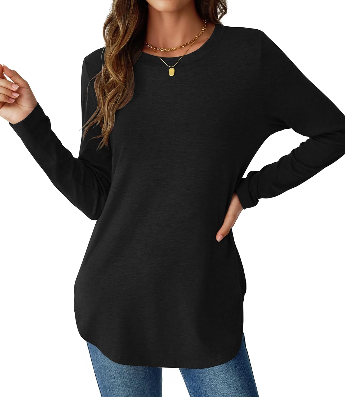 NORACORA Womens Long Sleeve Shirts Loose Tunic Tops Round Neck Lightweight Side Split Casual 2025 Trendy Basic Tshirts Blouse