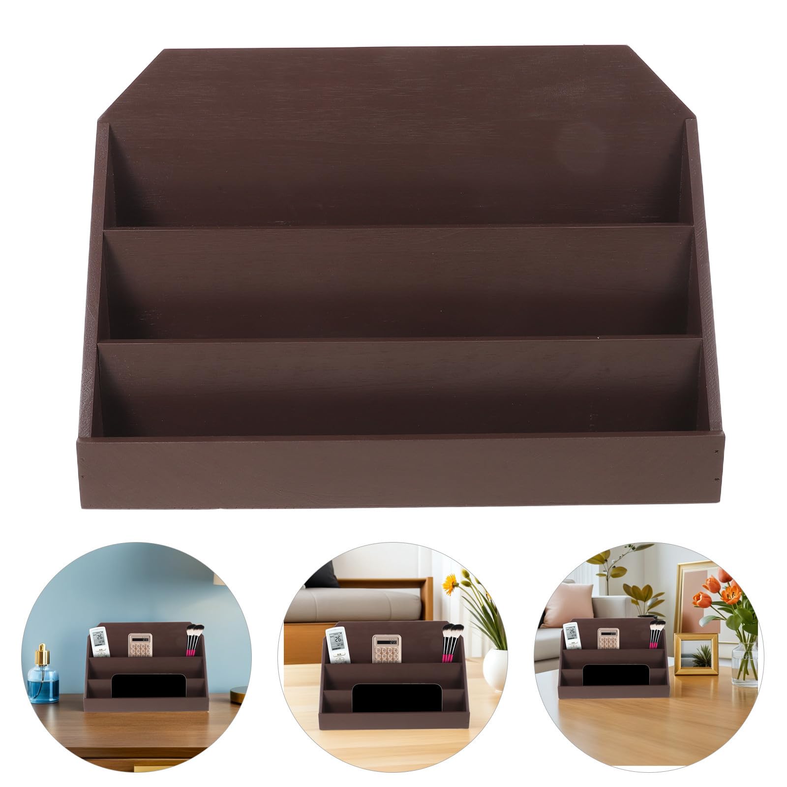 Soporte Expositivo de Tarjetas 3 Niveles de Madera para Mesa | Divisor Multinivel, Color Café, Uso en Oficina y Hogar, para Tarjetas de Visita y Fotos