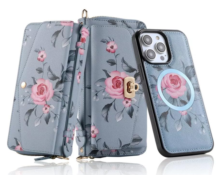 Étui antichoc iPhone 13 bleu à rabat cuir et aimant détachable
