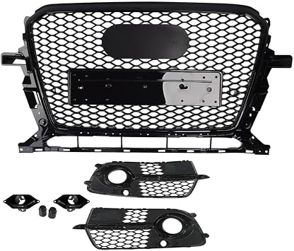 RSQ5 Style Glossy Black Front Bumper Grille Grill & Fog Lamp Cover Fit for AUDI Q5 S-Line/ SQ5 2013-2017