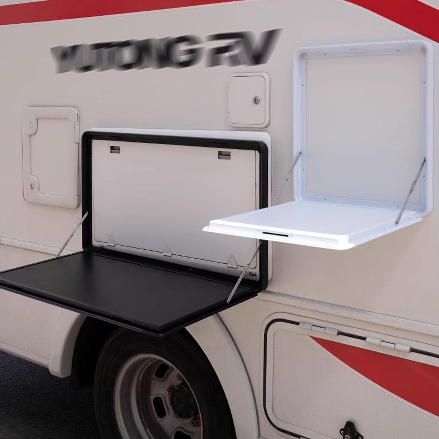 Foldable Rv Tables, Wall Mount RV Folding Camping Tables, Hanging External Desk N55.11lbs Max Load, Alloy Folding Wall Table, for Caravans, Vans, Truck Campers, Travel Trailers(Black,70cm)