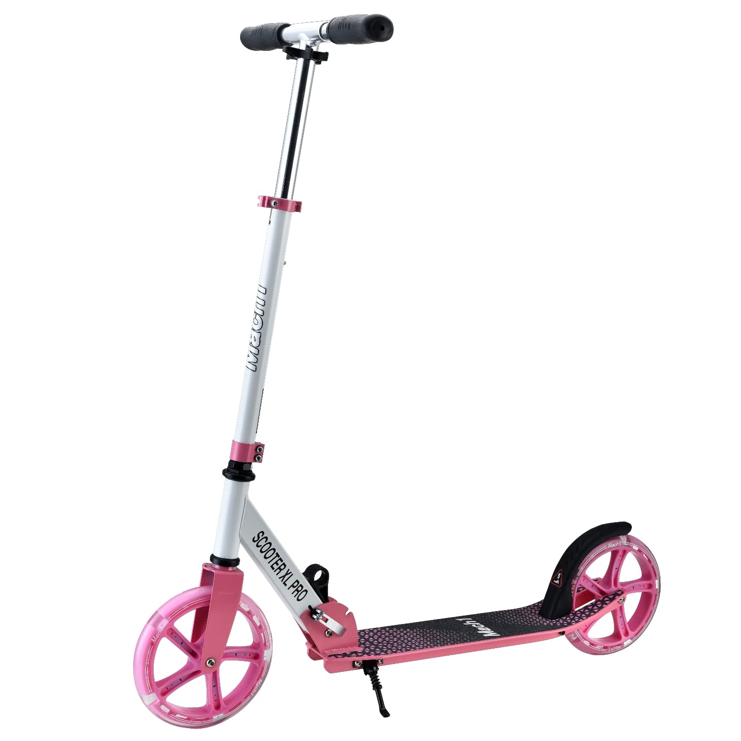 Mach1 Kick - Patinete de aluminio para ciudad, tamaño XXL, 200 mm, LED, ruedas para adultos y niños, plegable, color blanco y rosa