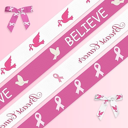 Hying 4 rollos de cintas de concientización sobre el cáncer de mama para envolver regalos, grogrén blanco y rosa para decoración de bricolaje, 38