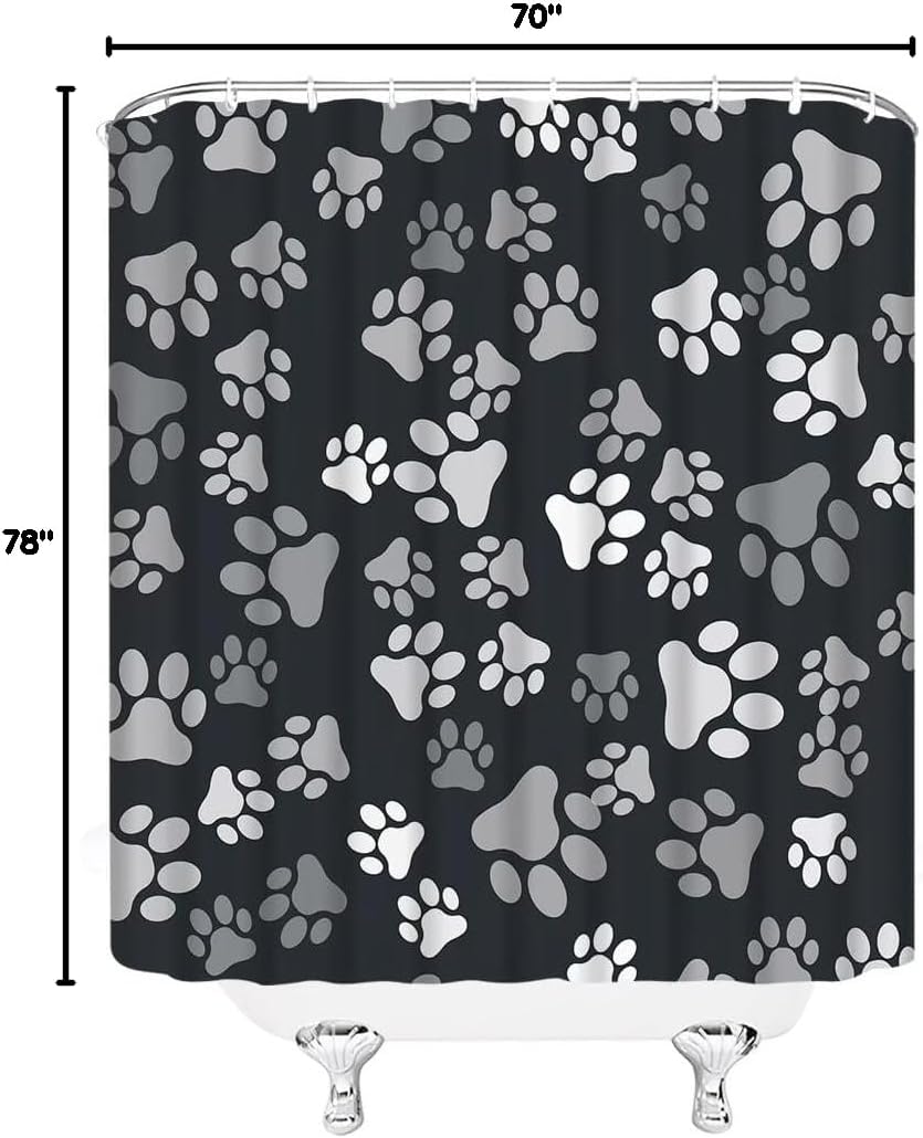 Dog & Cat Paw Print Shower Curtain, Modern Pet Paw Print, Black, White, Gray Animal Lover Creative Cute Bathroom Home Decor with Hook, (70" Wx78" H)
