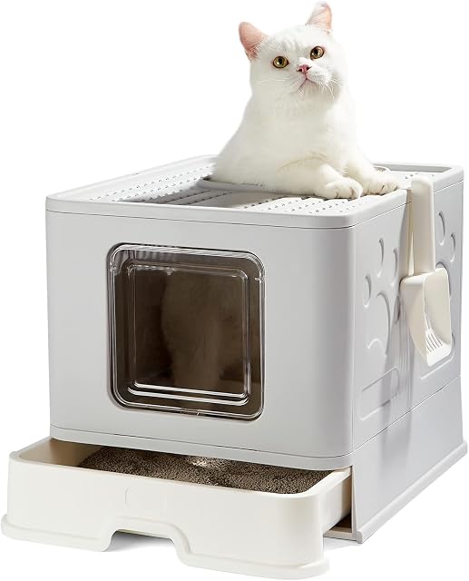 Pawsayes Cat Litter Tray Litter box with Lid XXL, Large Foldable Top Entry Kitty Litter Box with Drawer Pan and Scoop
