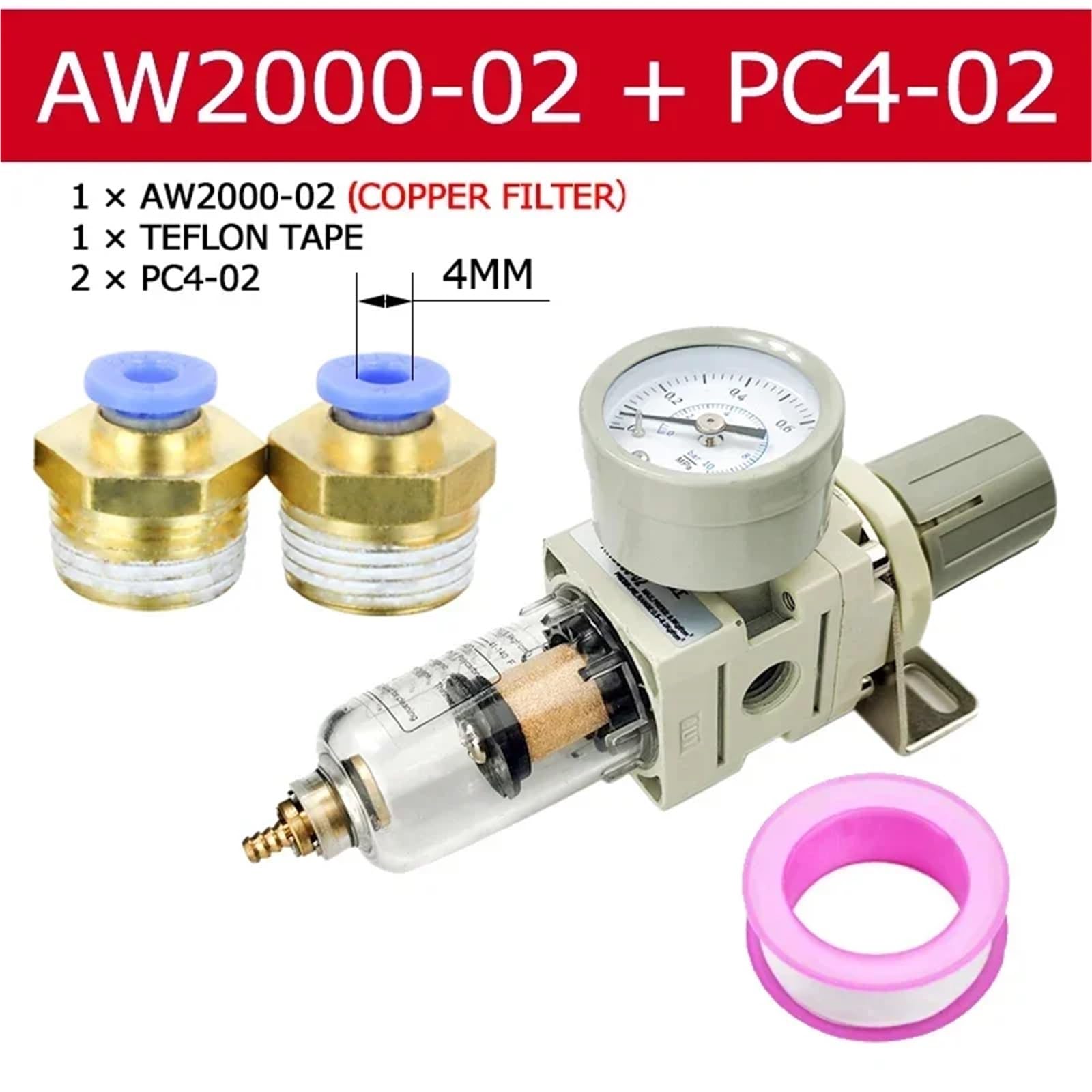 1 régulateur de pression de filtre à air pneumatique AW2000-02 1/4 BSPT, combiné Piggyback, filtre de compresseur d'outils pneumatiques avec manomètre(AW2000-02 C PC4-02)