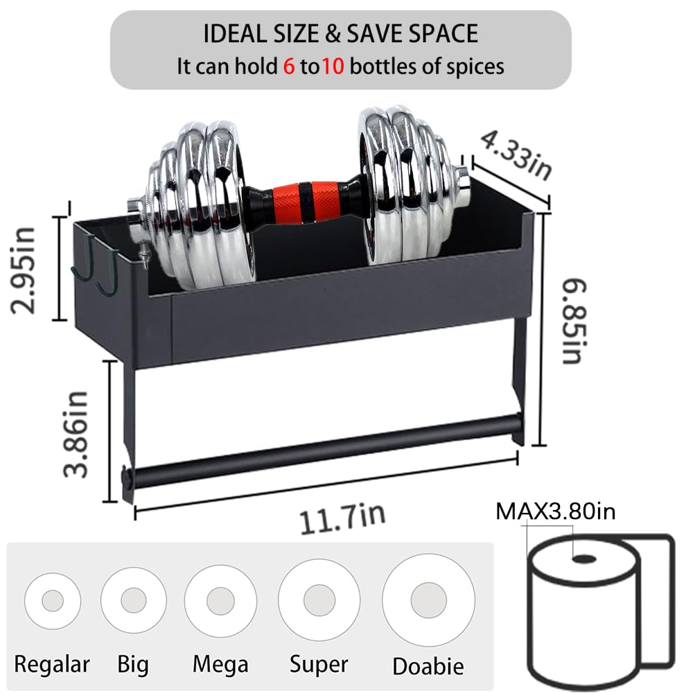 WHALEZZ Magnetic Spice Rack for Refrigerator, Magnetic Spice Organizer Rack with Paper Towel Holder Shelf for Small Kitchen Storage, Space Saver Container for Apartmen, Black