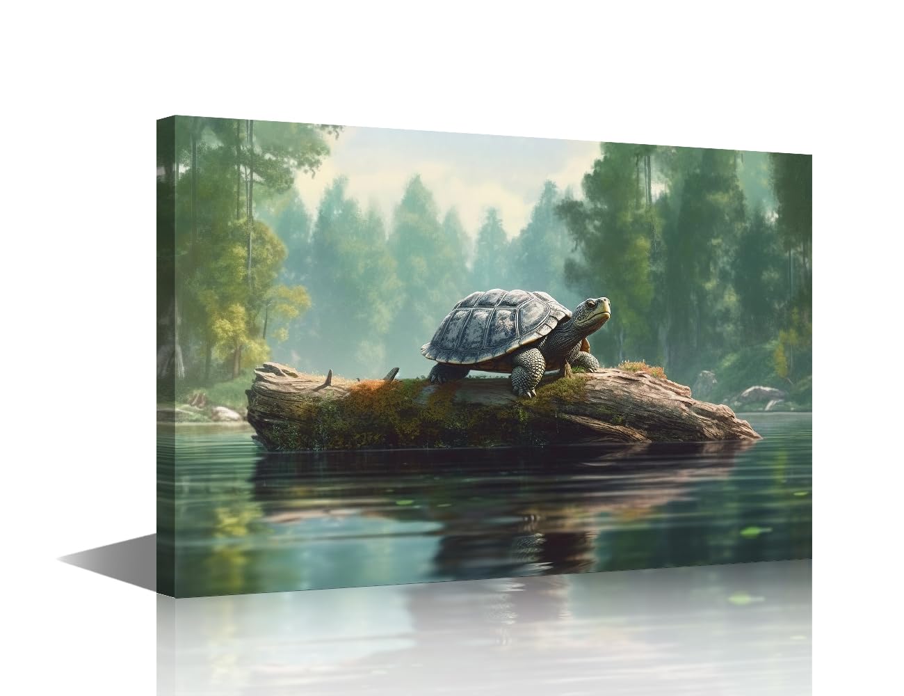 1 Panel Wall Art Painting Turtle Standing on a Tree Log in a Lake Painting Animals Pictures Print on Canvas for Home Wall Decoration Frame Ready to Hang 12x18 inch