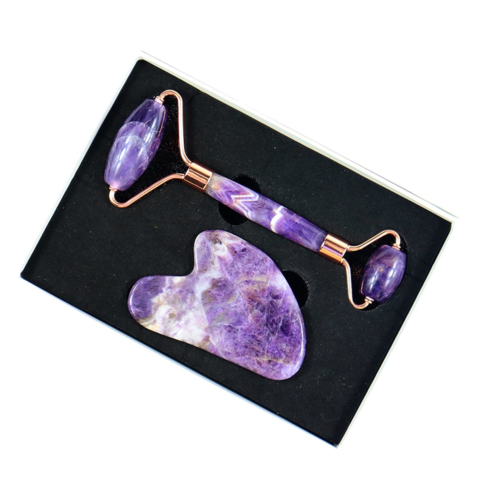Amatista Piedra en bruto Cuidado de la cara Herramienta de masaje Rodillo de amatista Juego de masaje Gua Sha Masajeador de jade de cristal natural Facial Cuerpo Cuello Piel Belleza Desintoxicación In