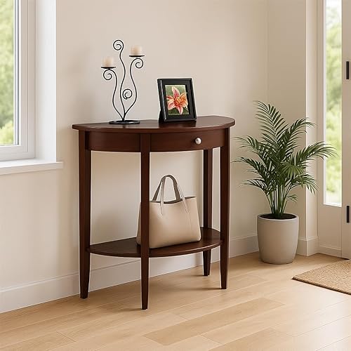 Miniatura 5 de Ergode Elegante mesa consola de media luna de nogal con cajón y estante inferior, mesa decorativa de entrada de madera maciza para pasillo, sala de