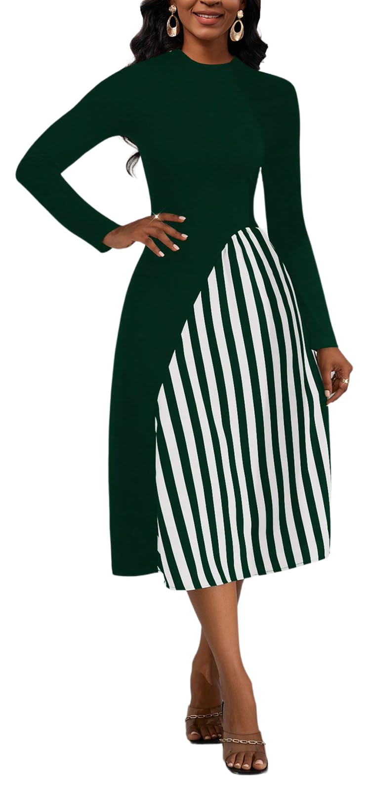 HipGlamp Women's Casual Crew Neck Long Sleeve Dress 2024 Splice Striped Midi Dress Pencil Cocktail Dresses