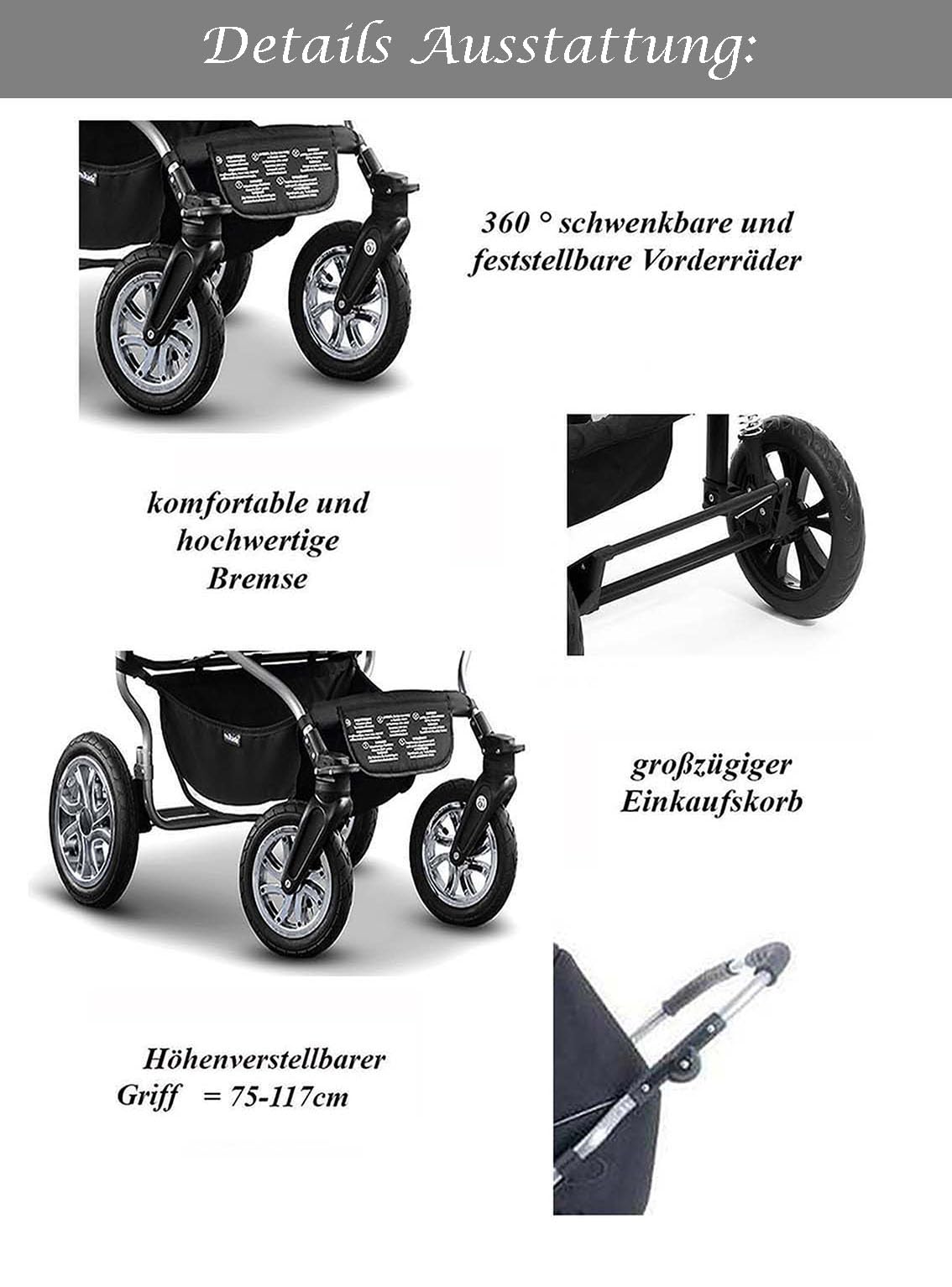 Zwillingskinderwagen 2 in 1 City Twin inkl. Sportsitze - 15 Teile - Schwarz-Schwarz