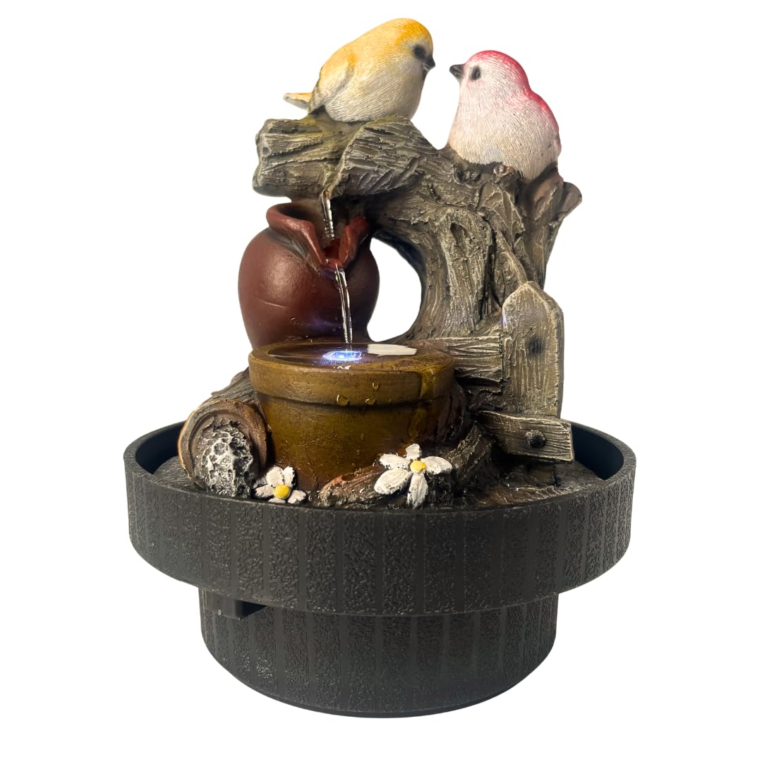 ABC Home LED Zimmerbrunnen Vögel – Dekorativer Tischbrunnen in Naturstein-Optik – Mini-Wasserfall aus Polyresin mit Beleuchtung – Beruhigendes Wasserspiel für Innen – 25 cm Hoch