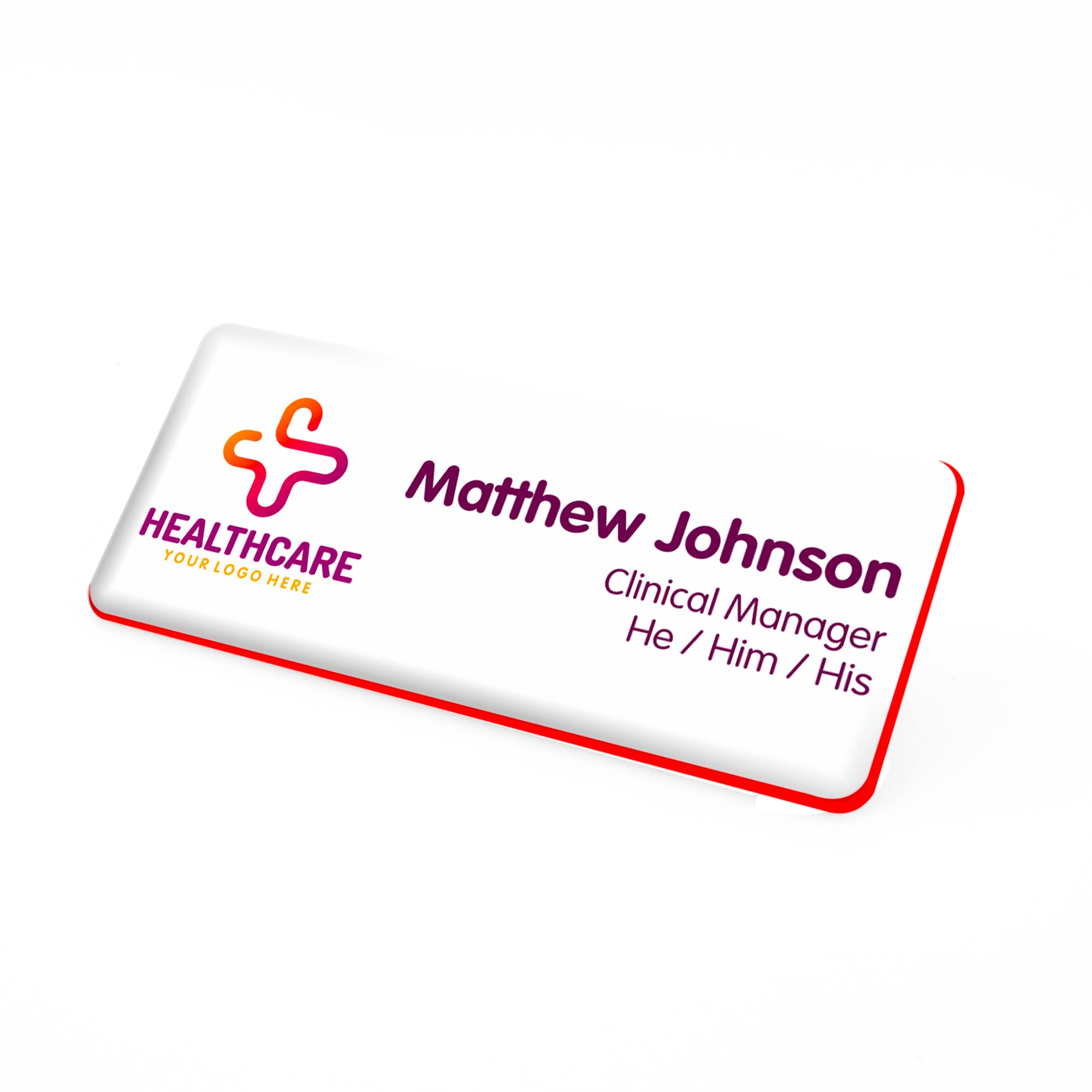 Badgemaster Your Medical Practice Logo White/Red Name Badge with Job Title and Pronouns Premium Domed 76 x 32mm Material Pin Magnet Clip Fastener