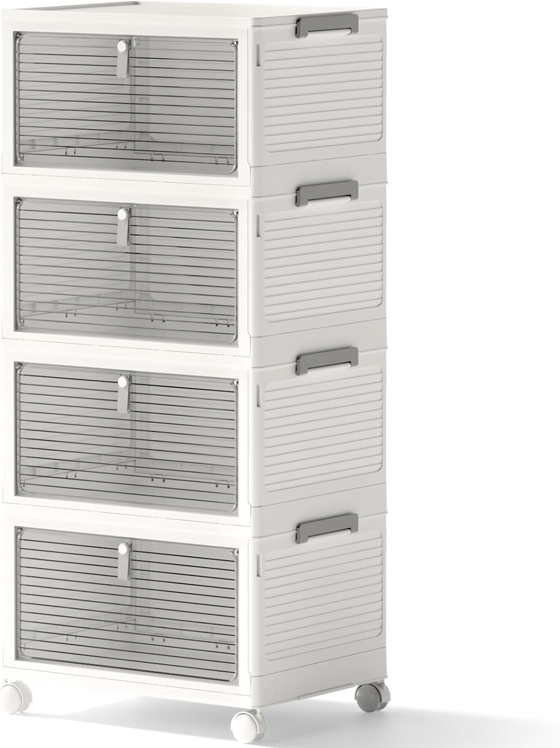 Storage Bins with Lids,4 Tier Stackable Storage Bins with Drawers,4 Pack Collapsible Plastic Storage Boxes with Wheel-1 Lid,23QT Foldable Containers for Closet Living Room Bedroom Office. WT-0002