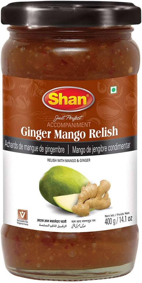 Ginger Mango Relish 14.1 oz (400g) - Tasty Accompaniment from Fresh Ginger and Mango - Delicious and Zestful Dipping Sauce - Suitable for Vegetarians - Airtight Glass Jar