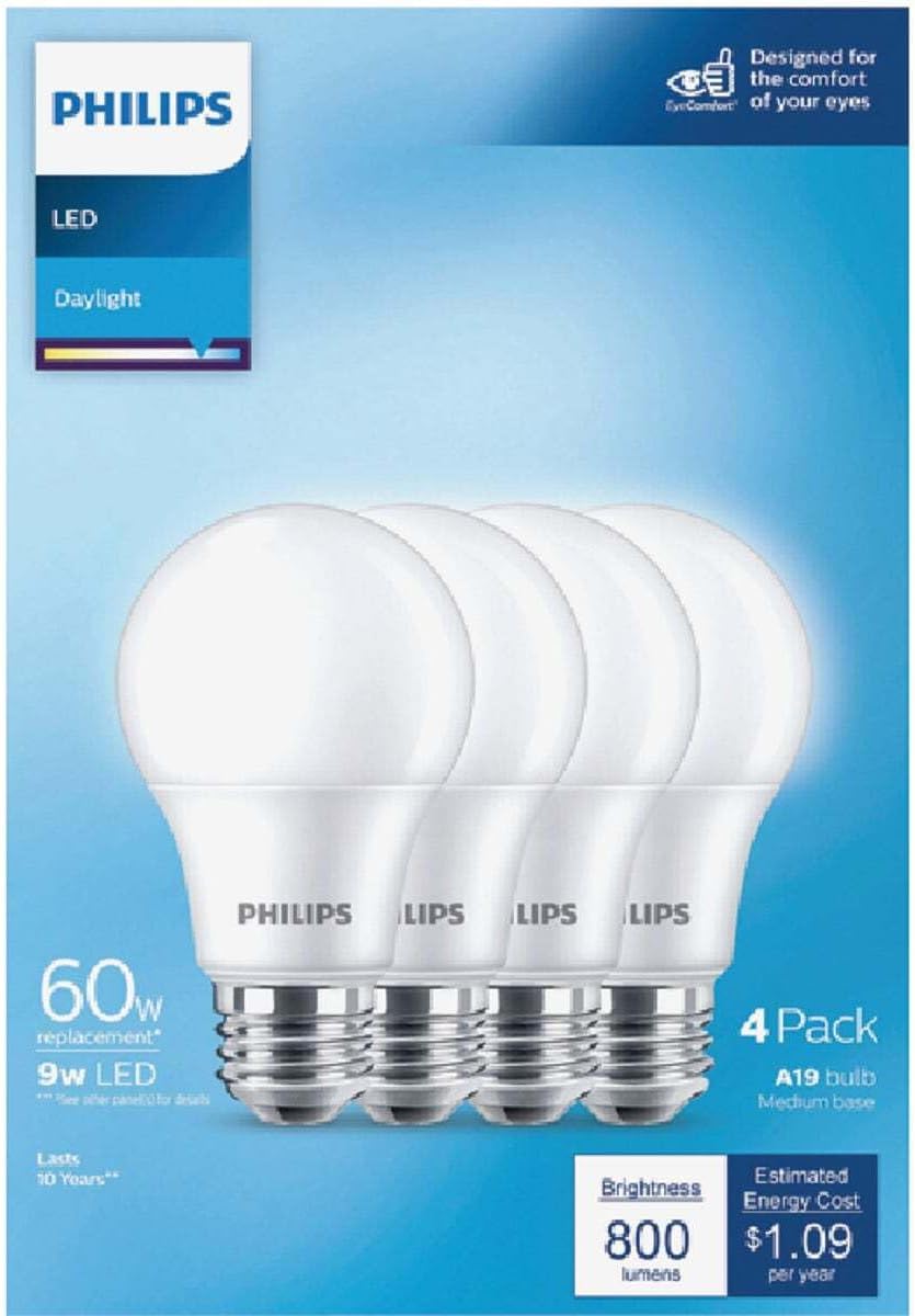 Philips 461137 8W=60W LED Daylight A19 Bulb 4Pk