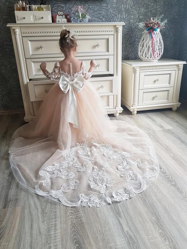 Long Sleeve Flower Girl Dress Tulle Lace Appliques Bow-Knot Princess Pageant Dresses for Girls3