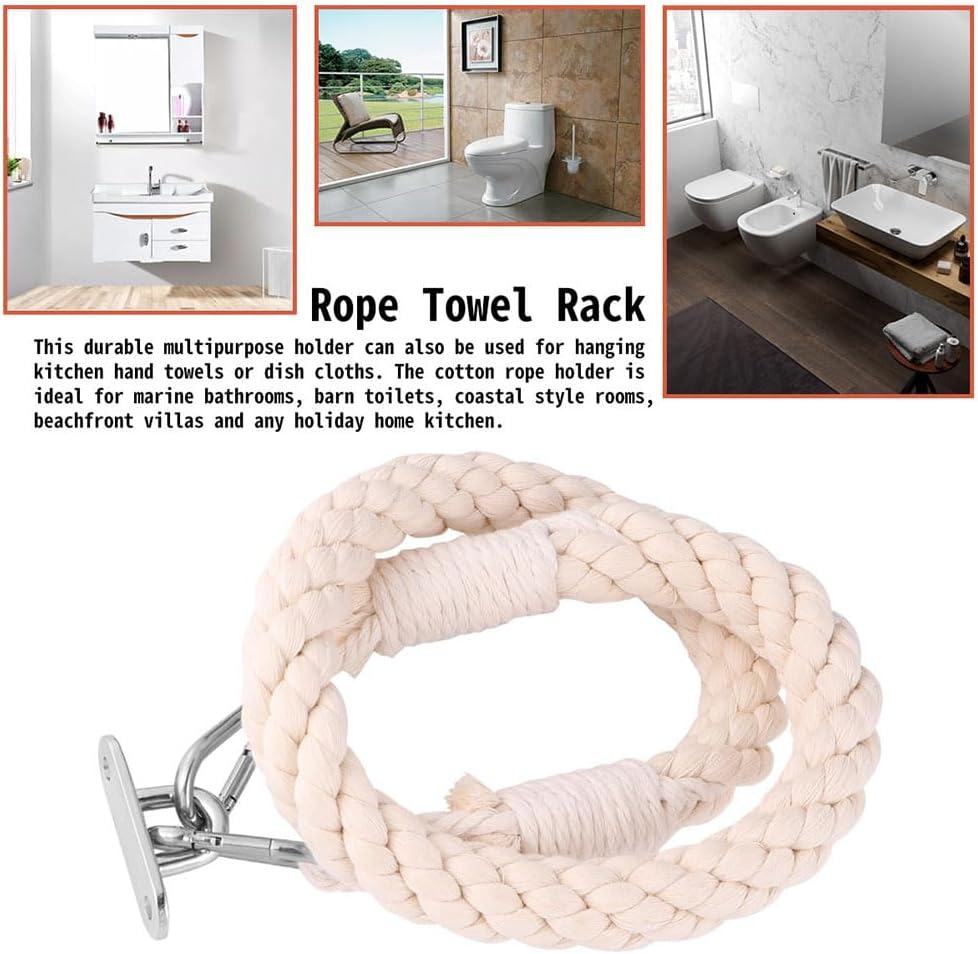 Hemoton Rustic Toilet Paper Holder with Cotton Rope and Metal Hooks Wall Mounted Bathroom Tissue Roll Holder 15.75 Inch Handmade Hanging Organizer for Home Bathroom