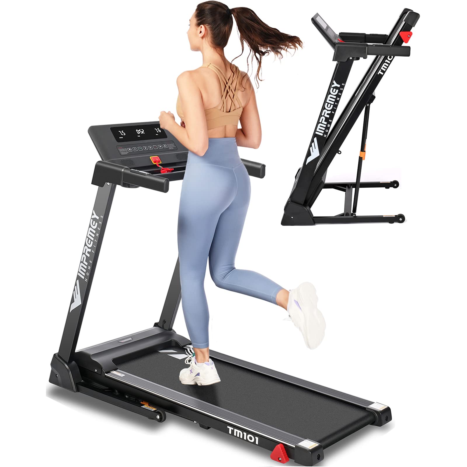 Impremey Folding Treadmill with Incline, Electric Foldable Treadmill with 42'' x 16'' Bigger Running Belt, Heart Rate Monitor, Easy Accembly, Wireless Speaker for Home Office