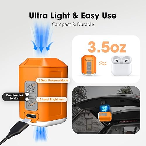Miniatura 4 de Aerogogo GIGA Pump 4 Mini bomba de aire de 4.2 kPa con linterna de campamento, bomba de aire portátil, inflador de aire recargable puede desinflar,