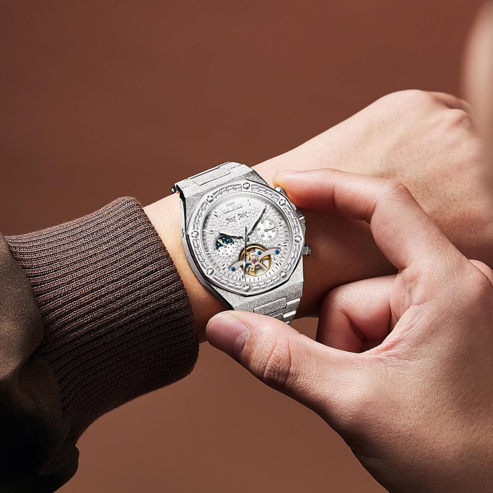 OLEVS Herrenuhr Automatik Skelettierte Luxus Diamanten Mechanische Uhr Wasserdicht Leuchtende Armbanduhr