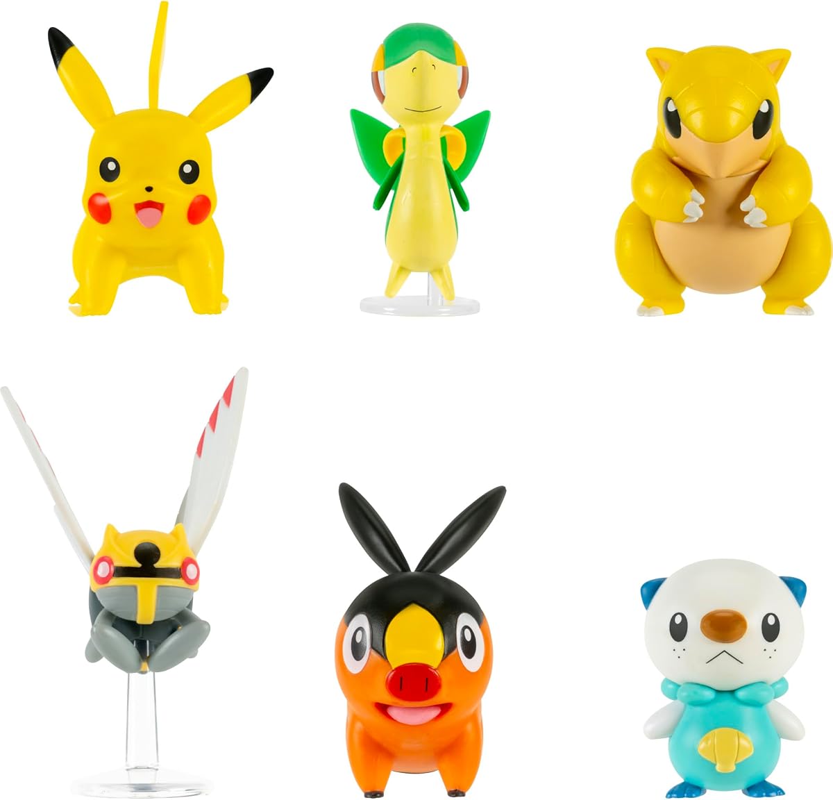 Paquete de 6 figuras de batalla de Pokémon: incluye figuras de batalla de Snivy, Oshawott, Tepig, Chikorita, Sandshrew y Pikachu de 2 pulgadas