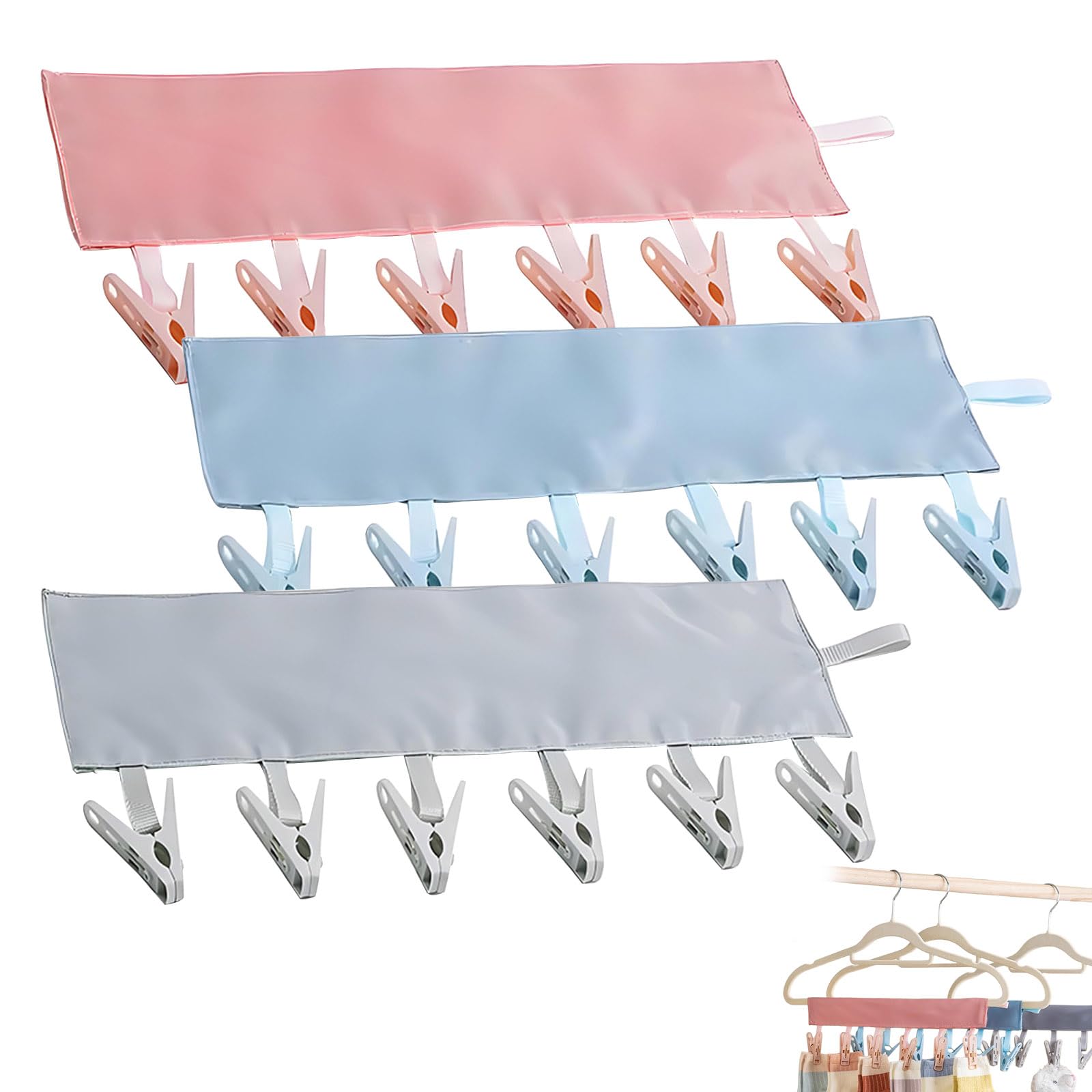 Heuiop Pink, Blue, Gray 3 Pcs Sock Hangers For Drying With 6 Pegs, Portable Sock Dryer For Drying Radiator Fits Washing Lines Airers & Heated Airers For Socks/Lingerie, Ideal For Travel & Home (3 Colors)