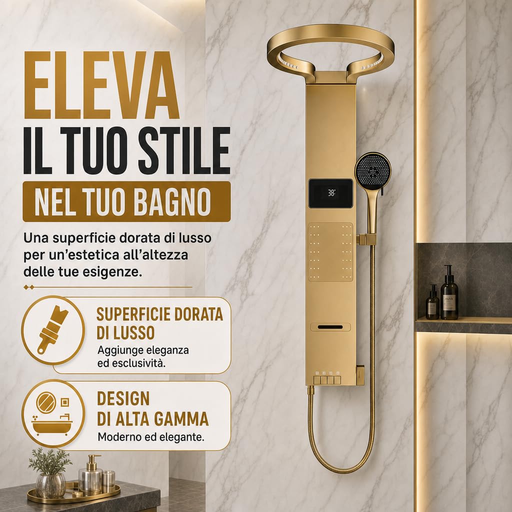 INEX EUROPA Pannello doccia termostatico di lusso color oro - Colonna doccia idromassaggio con 10 anni di garanzia e 4 modalità di funzionamento - Torre doccia alta 105 cm, collezione Daytona
