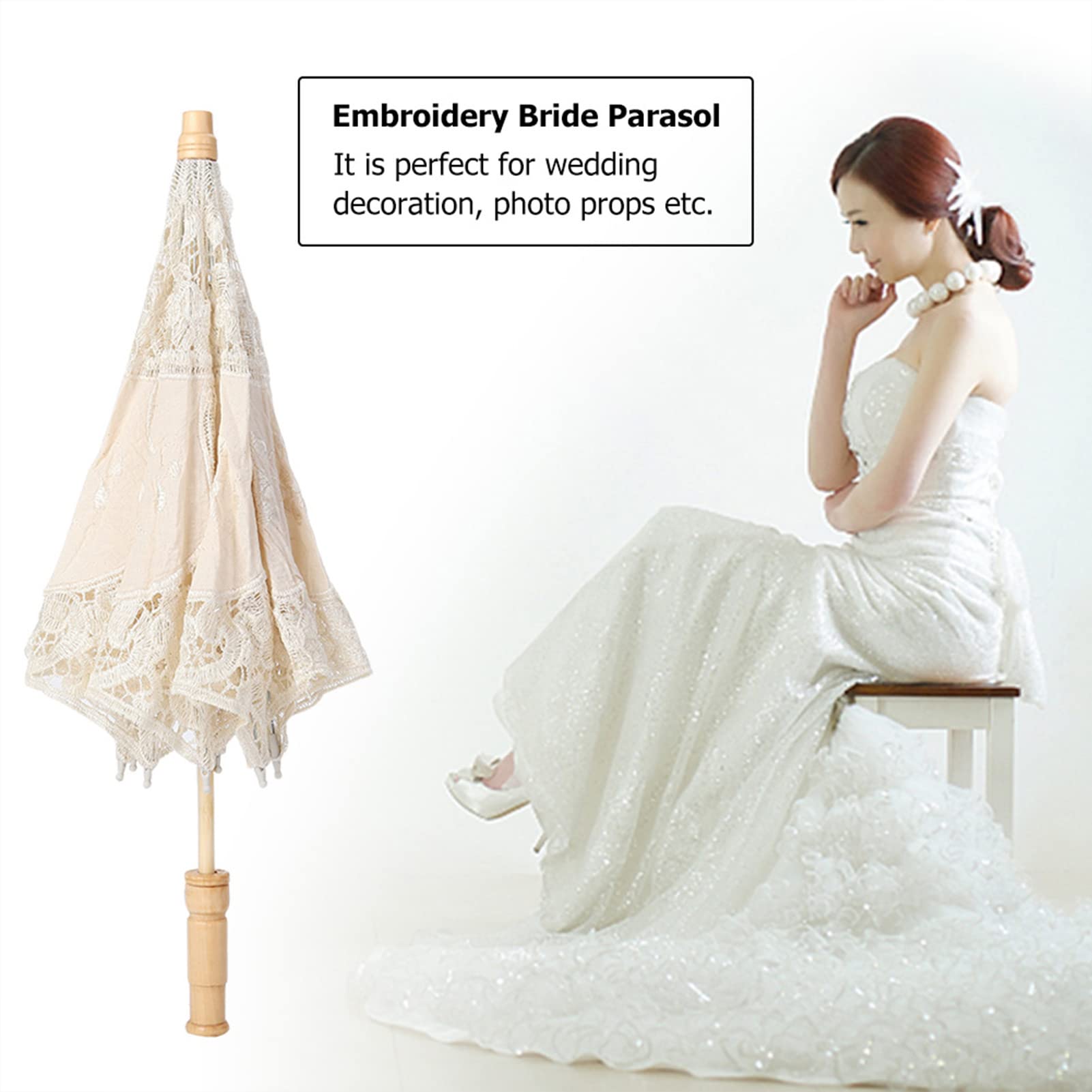 Ejoyous Koronkowy Parasol Vintage Ślubny, Haftowany, dla Panny Młodej, do Dekoracji, Rekwizytów do Zdjęć, Kostium Damski, Beżowy, L, Elegancki