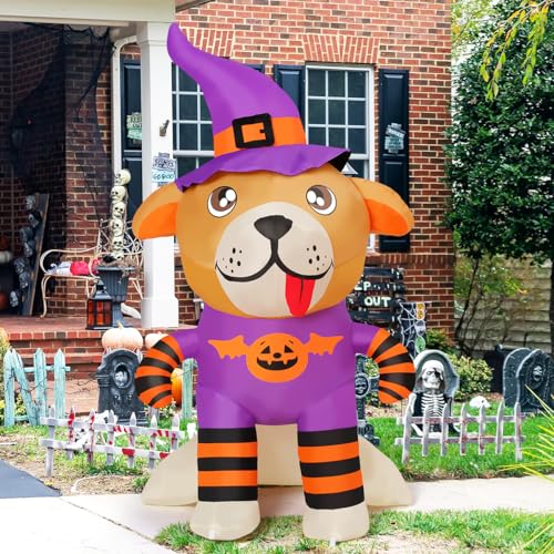 Image of GOOSH 6 FT Halloween Inflatables Dog Outdoor Decorations Blow Up Yard Cute Puppy Wearing Pumpkin Outfit and Witch's Hat with Built-in LEDs for Garden Lawn Indoor Party Decor