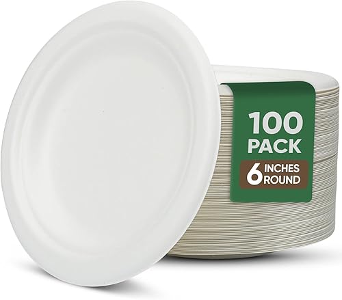 TaidMiao Dessert Plates, 100 Pack Small Paper Plates, Paper Plates 6 Inch – 100% Compostable Plates, Water & Oil Proof Disposable Plates, Microwavable Perfect Paper Plate For Party - White